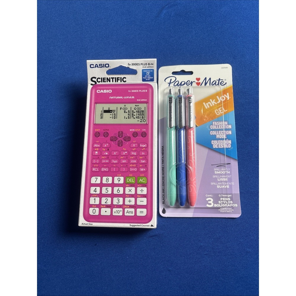 Casio Scientific Calculator fx 300ES PLUS BPK 2nd Edition PINK/3pk Gel Pens New